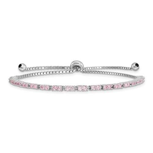 Sterling Silver Rhodium-plated October Pink CZ Adjustable Bolo Bracelet