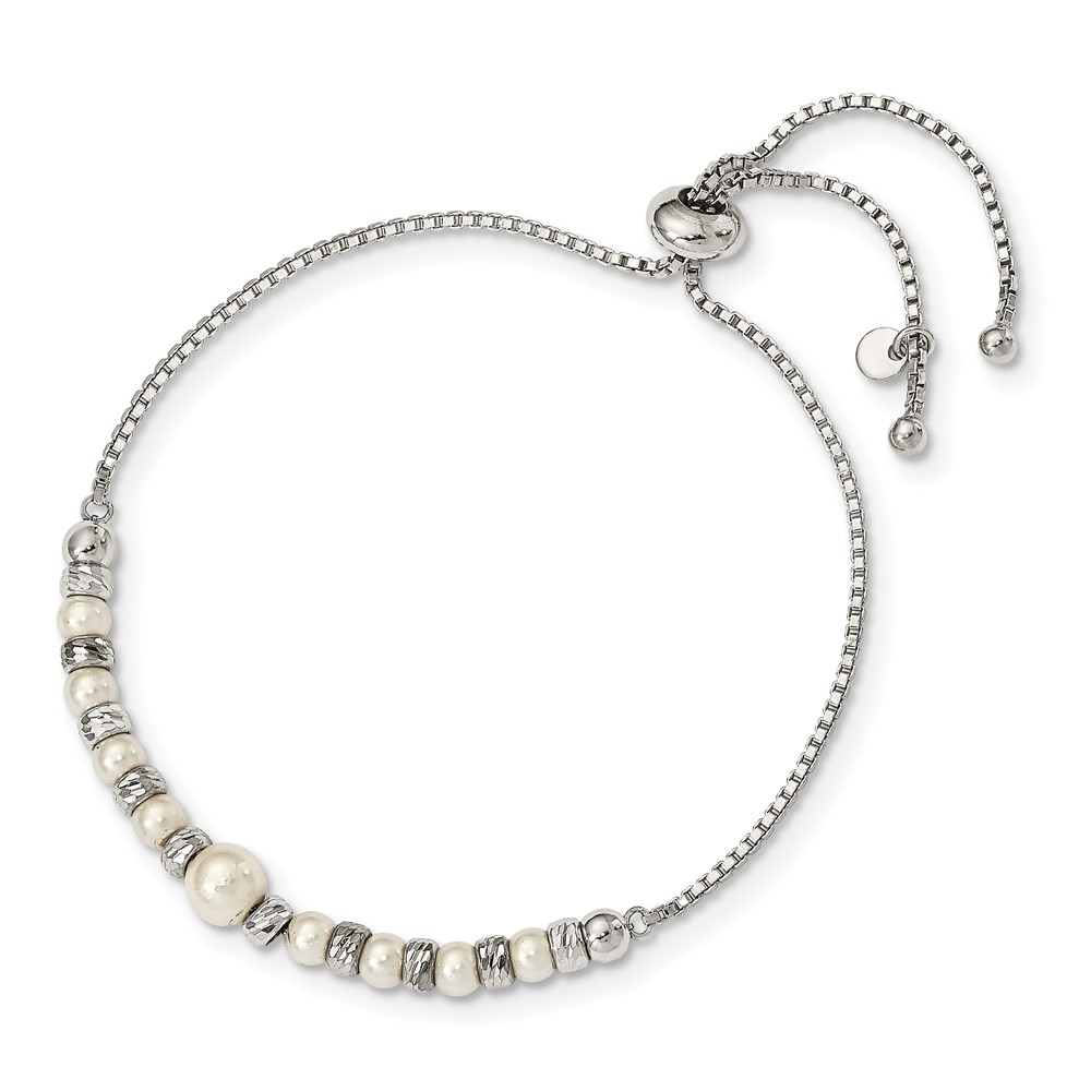 Sterling Silver RH-plated D C Beads Glass Pearl Adjustable Bracelet