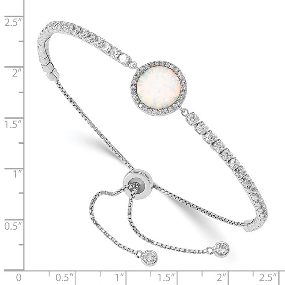 Sterling Silver RH-plated Created Opal and CZ Adjustable Bracelet