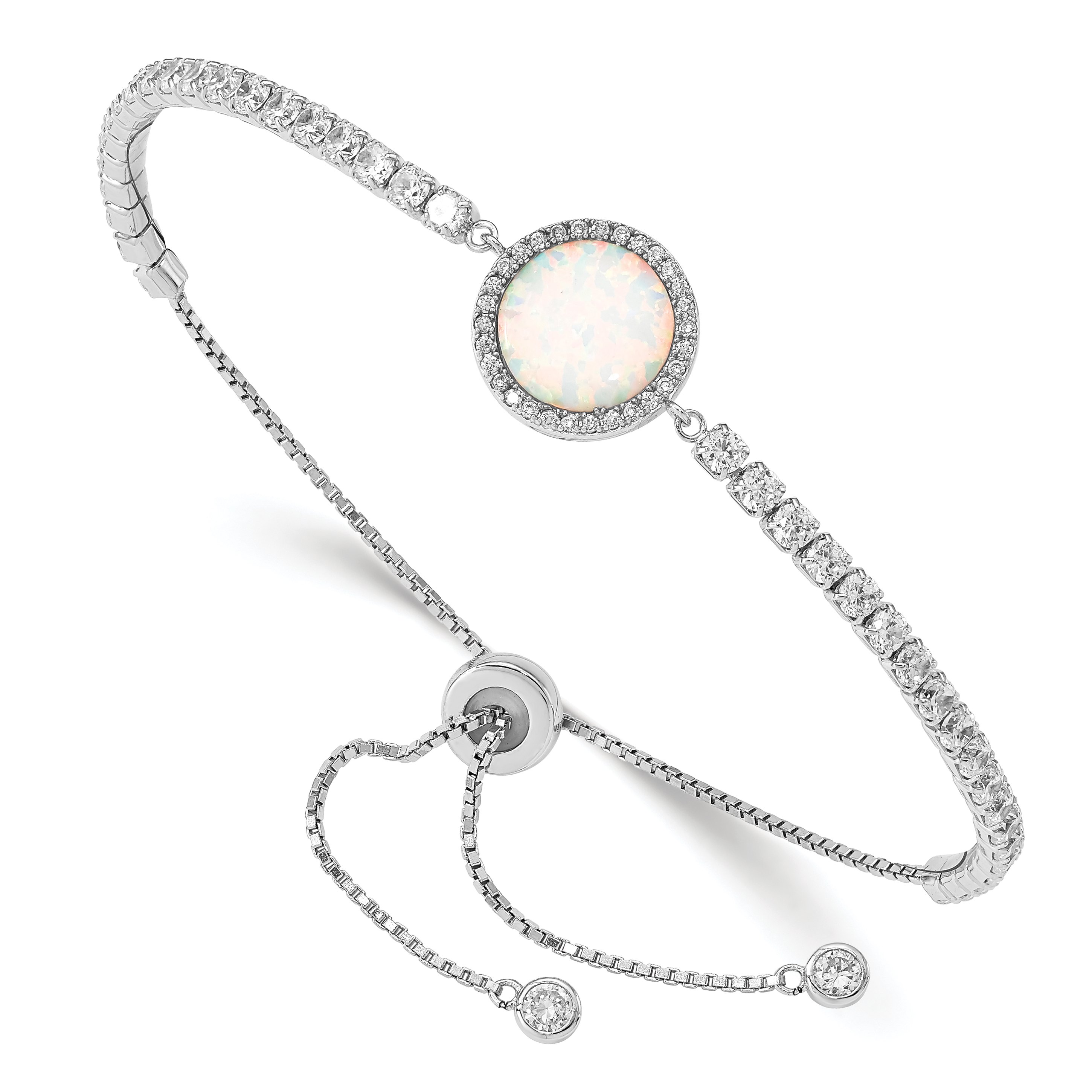 Sterling Silver RH-plated Created Opal and CZ Adjustable Bracelet (QG4774)