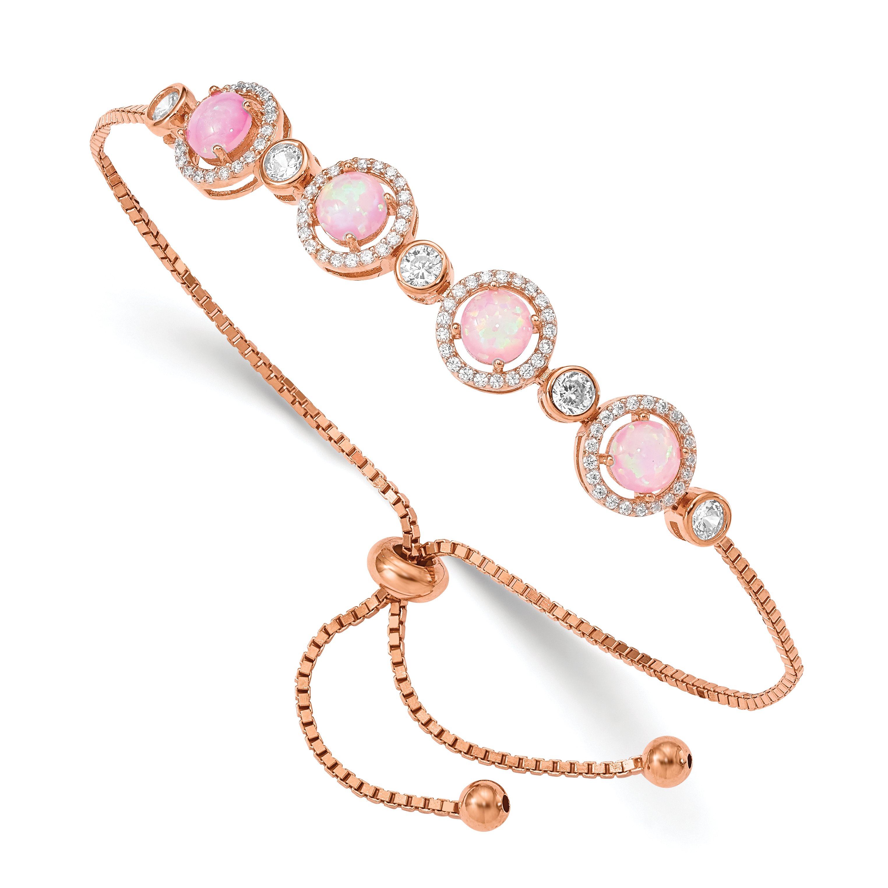 Sterling Silver Rose-tone Created Opal and CZ Adjustable Bracelet (QG4775)