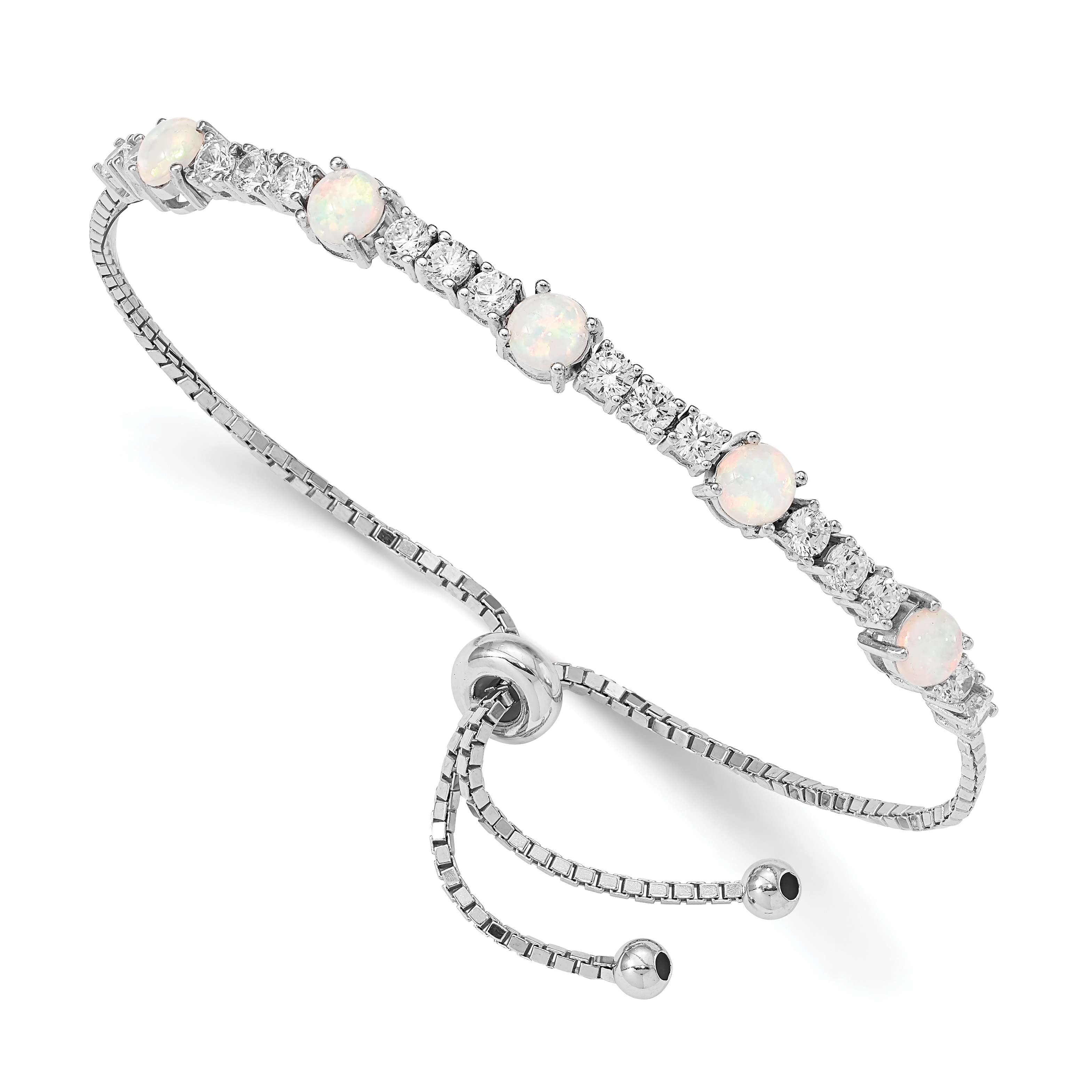 Sterling Silver RH-plated Created Opal and CZ Adjustable Bracelet (QG4776)