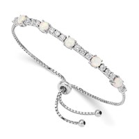 Sterling Silver Rhodium-plated Lab-Created Opal and CZ Adjustable Bolo Bracelet view 1