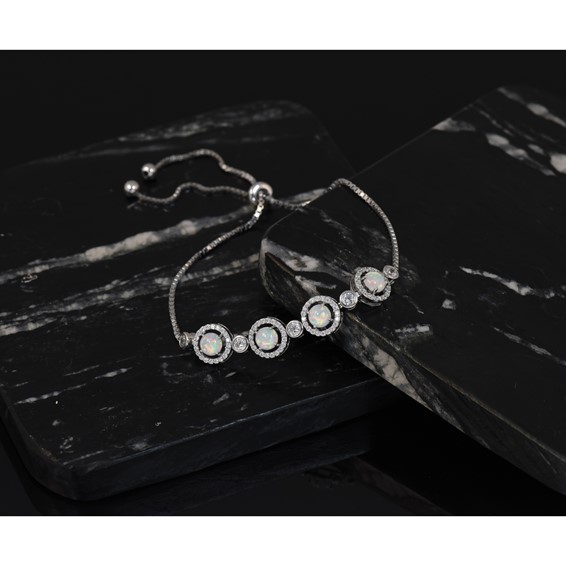 Sterling Silver RH-plated Created Opal and CZ Adjustable Bracelet