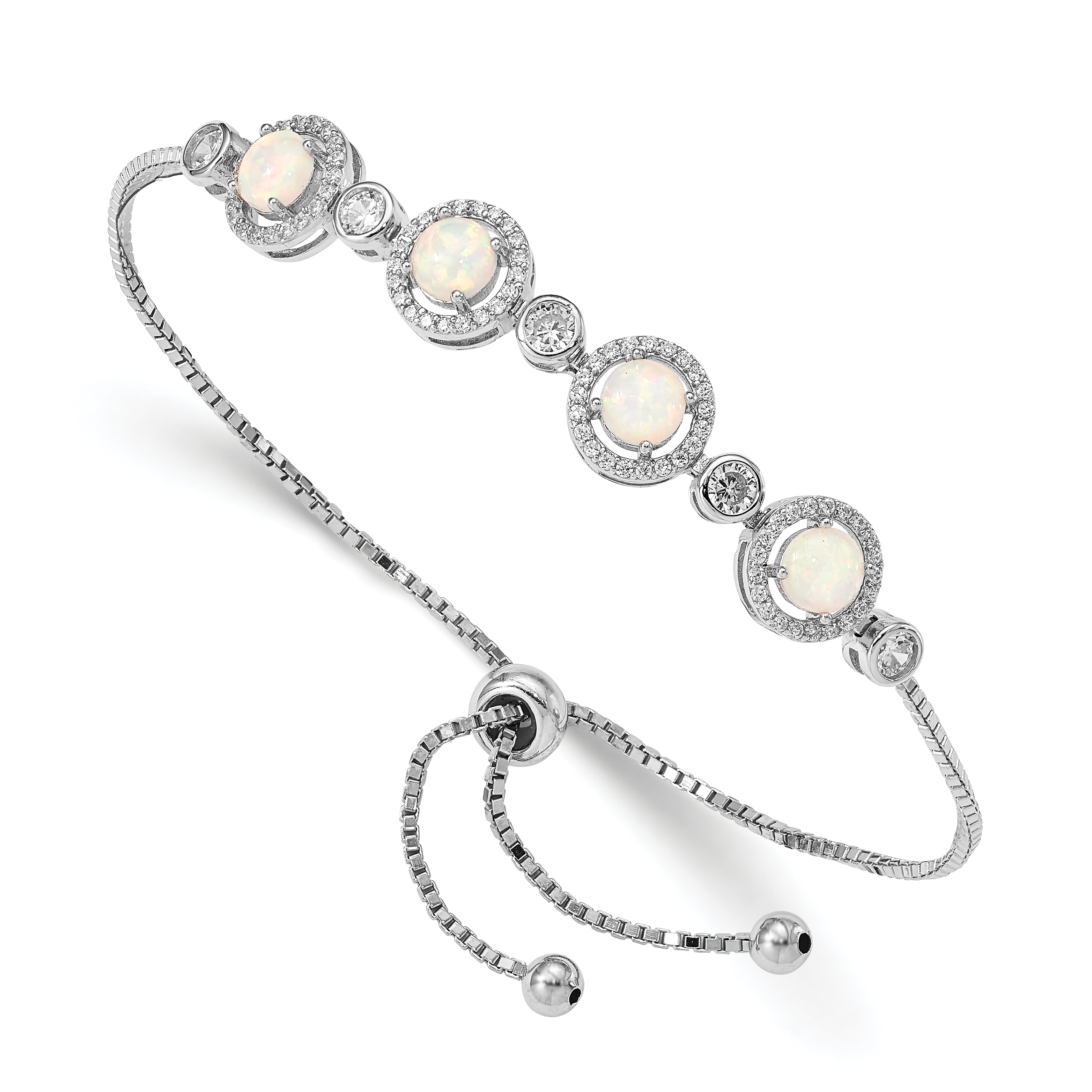 Sterling Silver RH-plated Created Opal and CZ Adjustable Bracelet (QG4777)