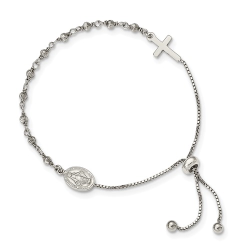 Sterling Silver Miraculous Medal and Cross Adjustable Bolo Bracelet