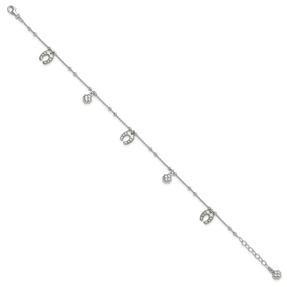 Sterling Silver Rhodium-plated Clover/Horseshoe 9 inch Plus 1 inch Extender - Total 10 inch Anklet