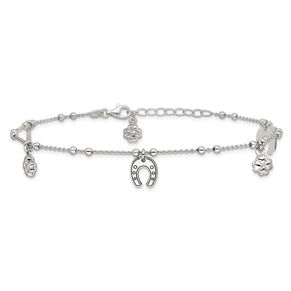 Sterling Silver Rhodium-plated Clover/Horseshoe 9 inch Plus 1 inch Extender - Total 10 inch Anklet