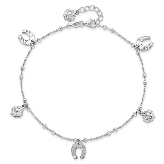 Sterling Silver Rhodium-plated Clover/Horseshoe 9 inch Plus 1 inch Extender - Total 10 inch Anklet