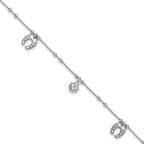 Sterling Silver Rhodium-plated Clover Horseshoe Plus 1 Inch Extender - Total 10 Inch Anklet, 9"