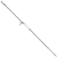Sterling Silver Rhodium-plated Cross Dangle Synthetic Pearl 26x 4mm Plate Plus 1 Inch Extender ID Bracelet, 6" view 2