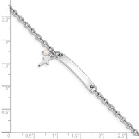 Sterling Silver Rhodium-plated Cross Dangle Synthetic Pearl 26x 4mm Plate Plus 1 Inch Extender ID Bracelet, 6" view 3