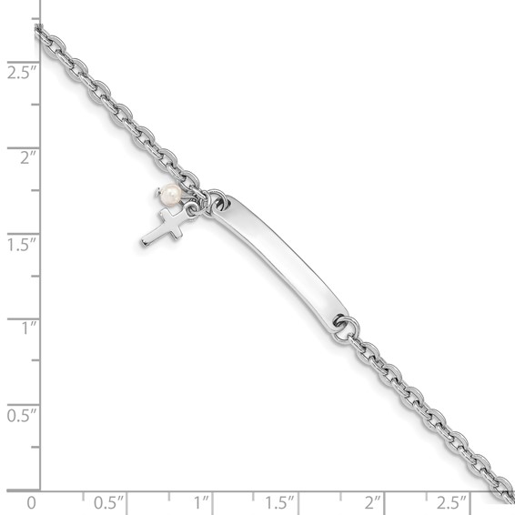 Sterling Silver RH-plated Cross Syn Pearl 6in Plus1in Ext. ID Bracelet