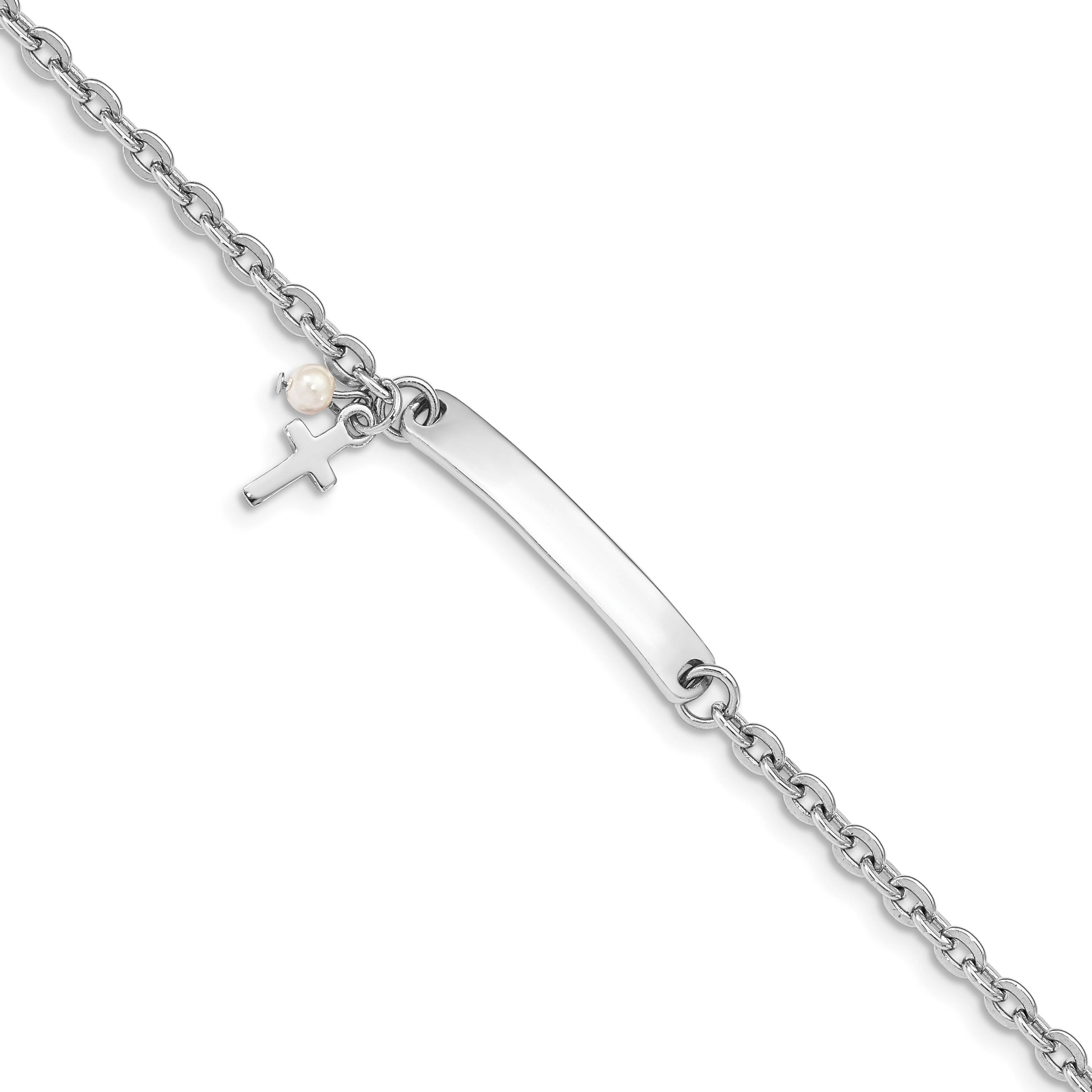 Sterling Silver RH-plated Cross Syn Pearl 5in Plus1in Ext. ID Bracelet (QG4799-6)