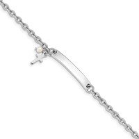 Sterling Silver Rhodium-plated Cross Dangle Synthetic Pearl 26x 4mm Plate Plus 1 Inch Extender ID Bracelet, 6" view 1