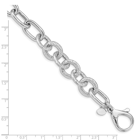 Sterling Silver Rhodium Plated Polished Textured Fancy Link Bracelet