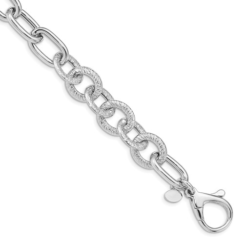 Sterling Silver Rhodium-plated Polished Textured Fancy Link Bracelet, 8"