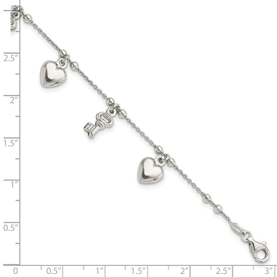 Sterling Silver Rhodium-plated Heart and Key Dangle 6.75in Bracelet
