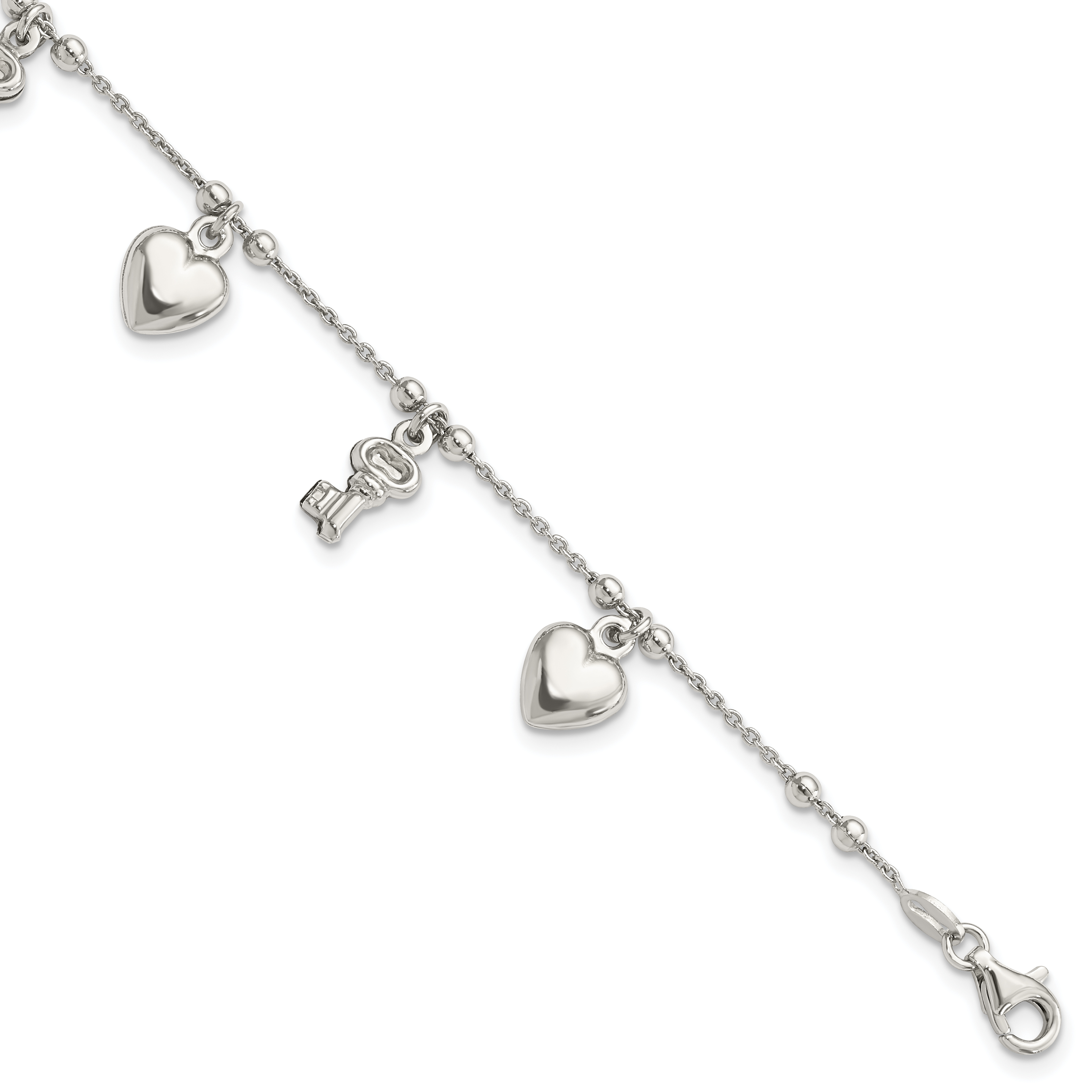 Sterling Silver Rhodium-plated Heart and Key Dangle 6.75in Bracelet (QG4853-6.75)