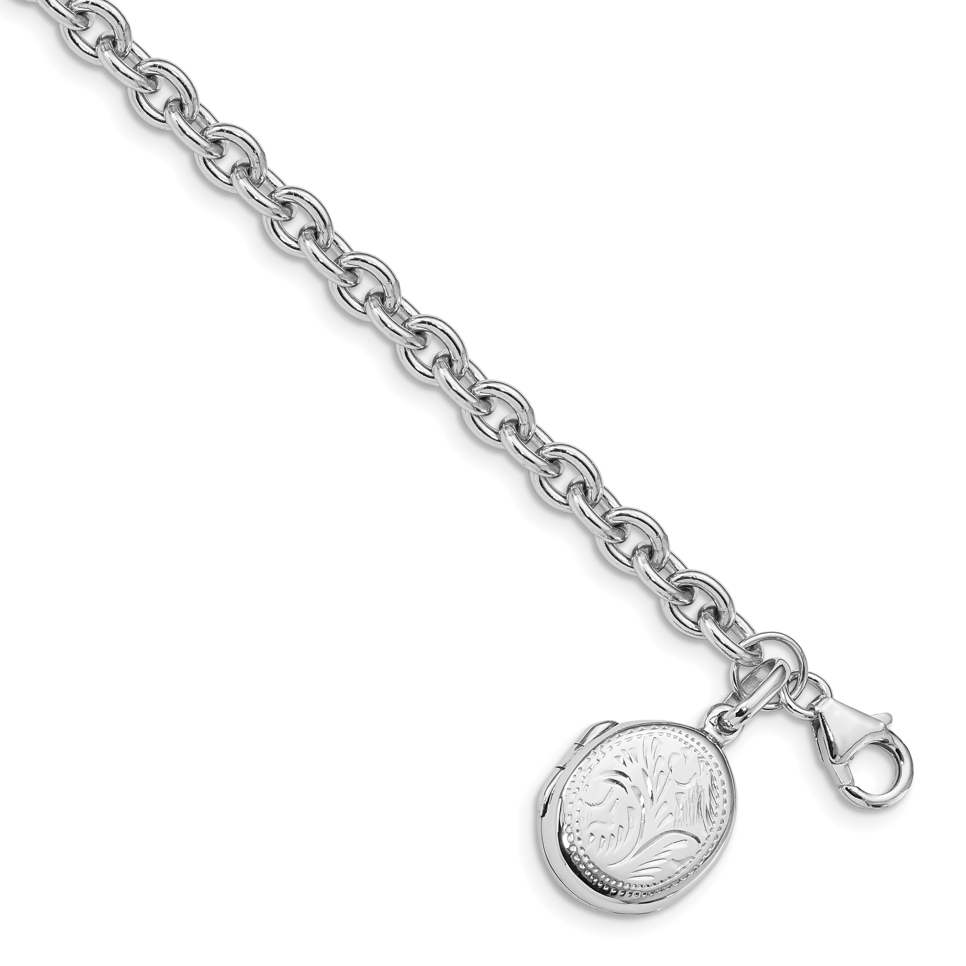 Sterling Silver Rhodium-plated Textured Oval Locket Bracelet (QG4854-7.25)