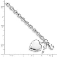 Sterling Silver Rhodium-plated Puffed Heart Locket & Key Dangle Charms Link Bracelet, 7.25" view 3