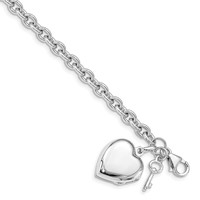 Sterling Silver Rhodium-plated Puffed Heart Locket & Key Dangle Charms Link Bracelet, 7.25" view 1