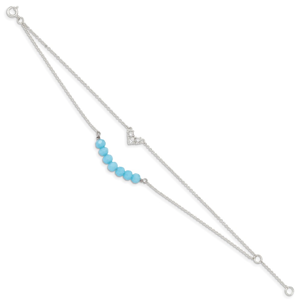 Sterling Silver CZ and Blue Glass Beads w/ 1in ext. Bracelet (QG4902-6)