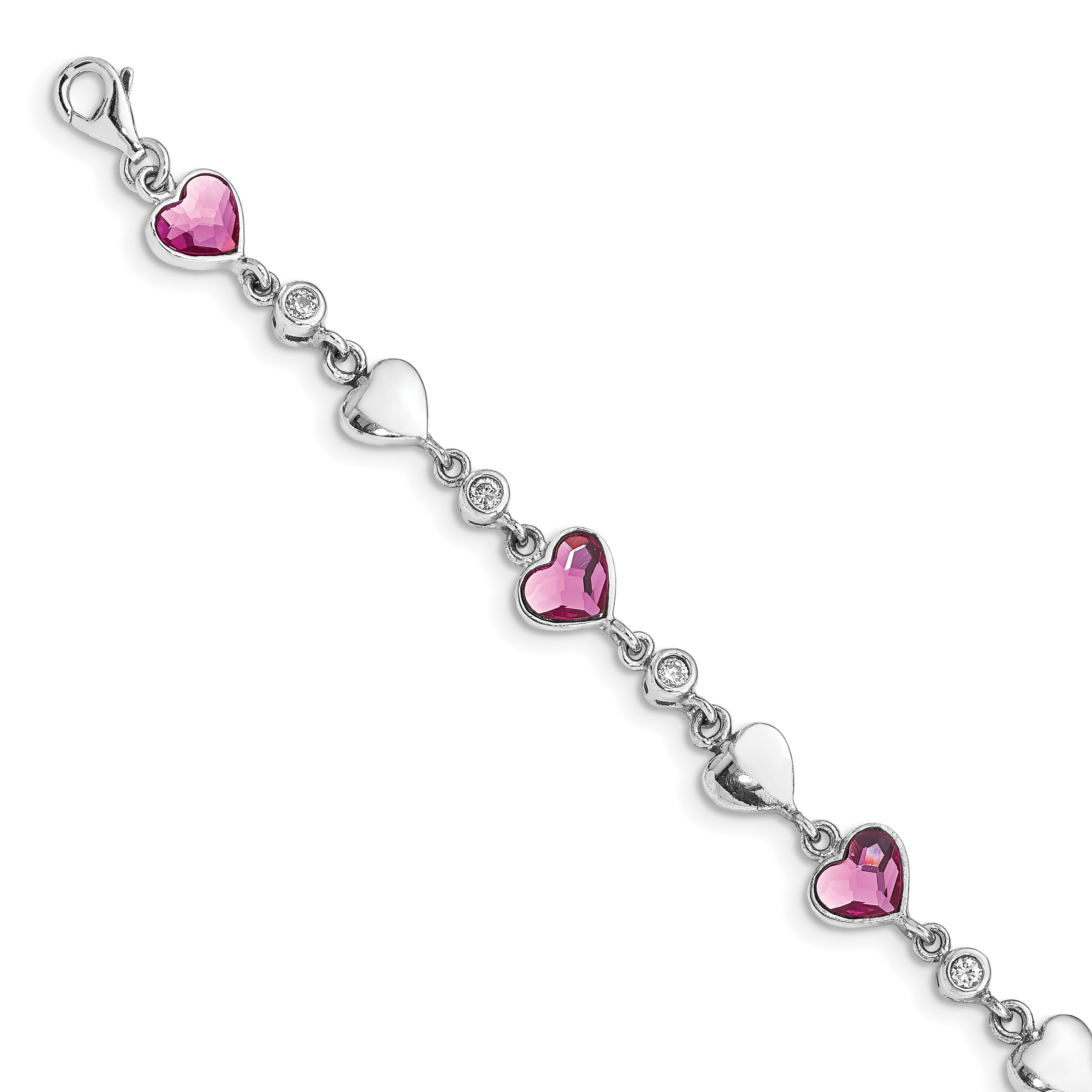 Sterling Silver Rhodium Plated Clear Crystals Pink Heart Crystals and Polished Hearts 6.5 inch Bracelet with 1 inch extension (QG4913-6.5)