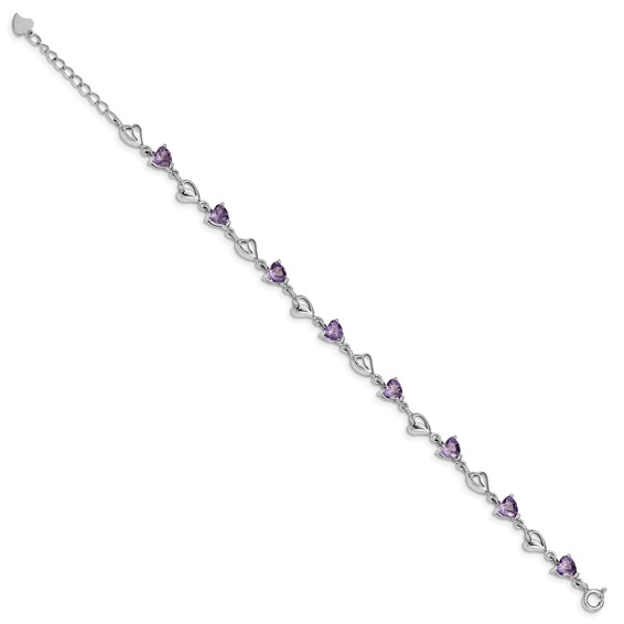 Sterling Silver Rhodium-plated w/1in ext Purple Crystal Hearts Bracelet