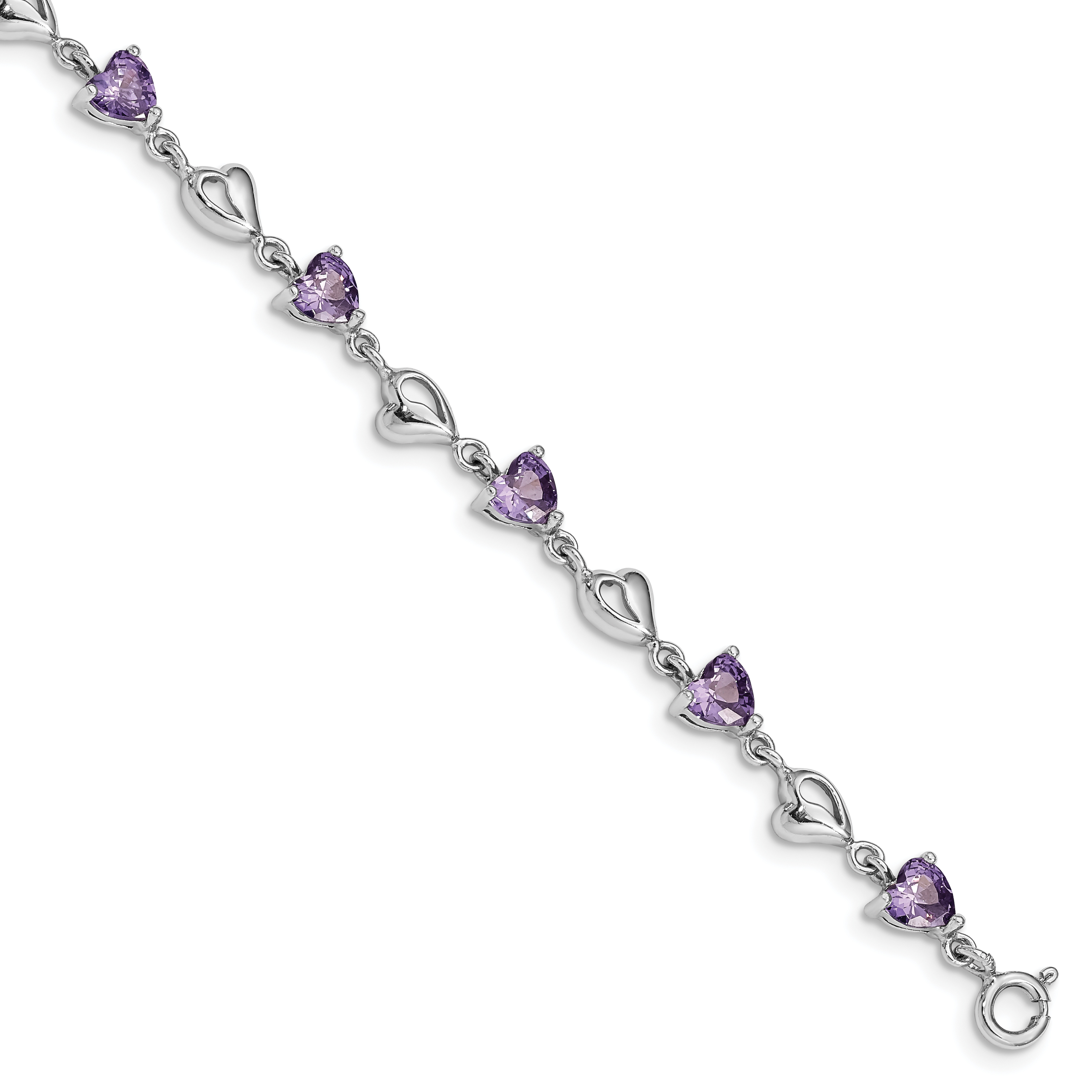 Sterling Silver Rhodium-plated w/1in ext Purple Crystal Hearts Bracelet (QG4919-6.5)
