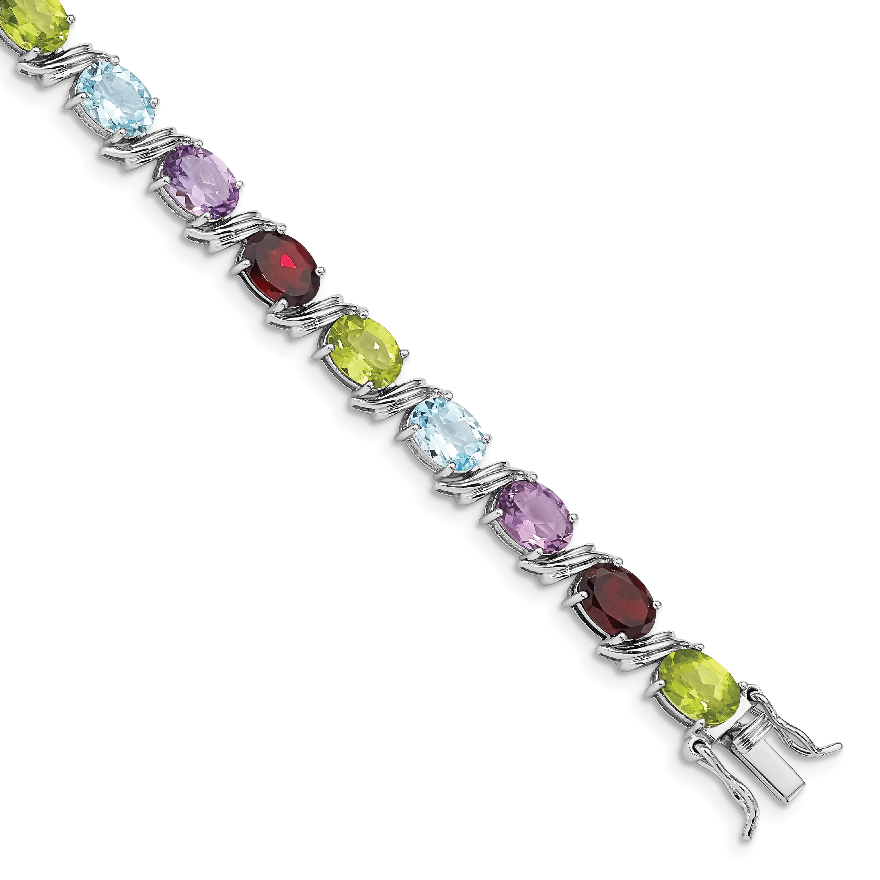 Sterling Silver Rhodium-plated Oval Multi-gemstone Bracelet (QG4923-7.5)