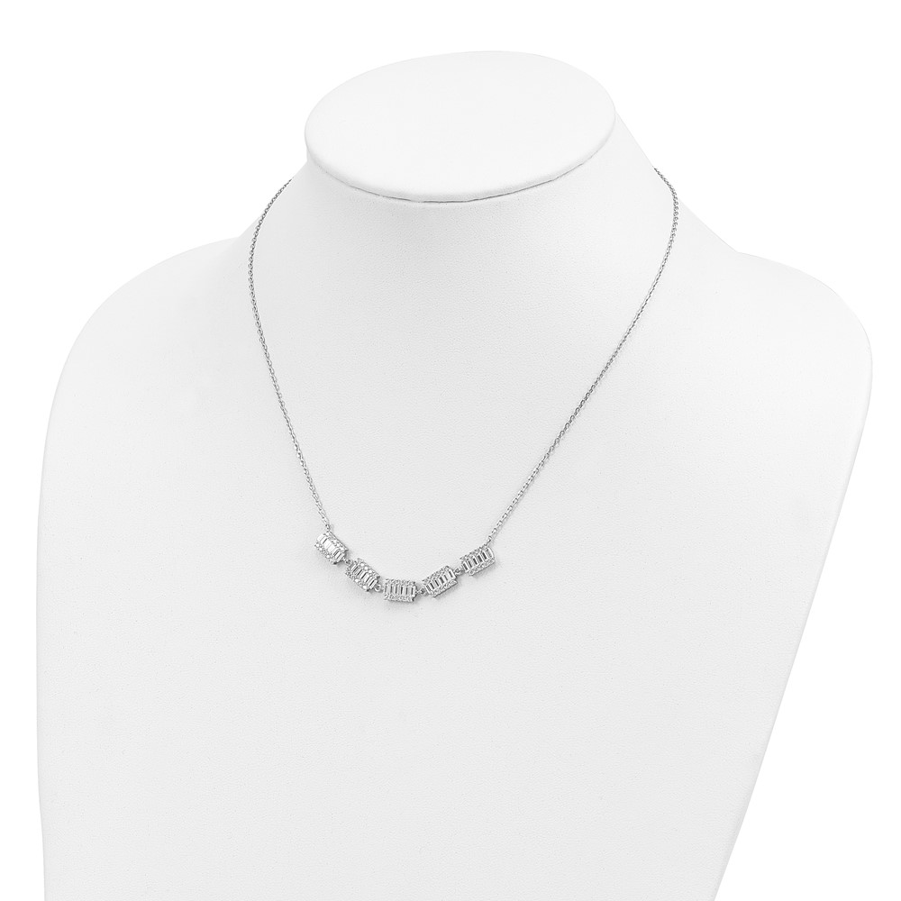 Sterling Silver Rhodium-plated Baguette CZ Bars w/ 1in ext. Necklace (QG4937-16)