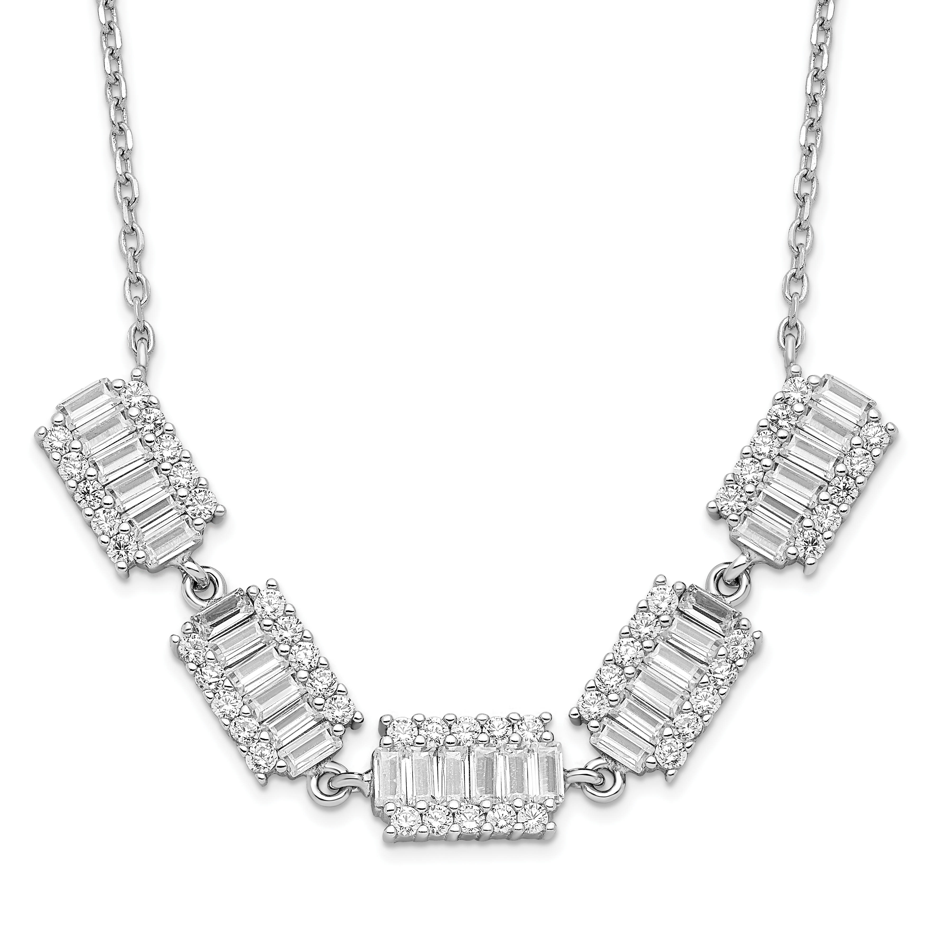 Sterling Silver Rhodium-plated Baguette CZ Bars w/ 1in ext. Necklace (QG4937-16)