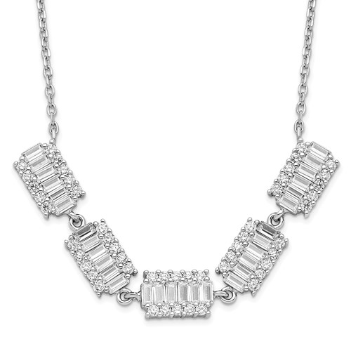 Sterling Silver Rhodium-plated Baguette CZ Bars Necklace with Ext., 1"