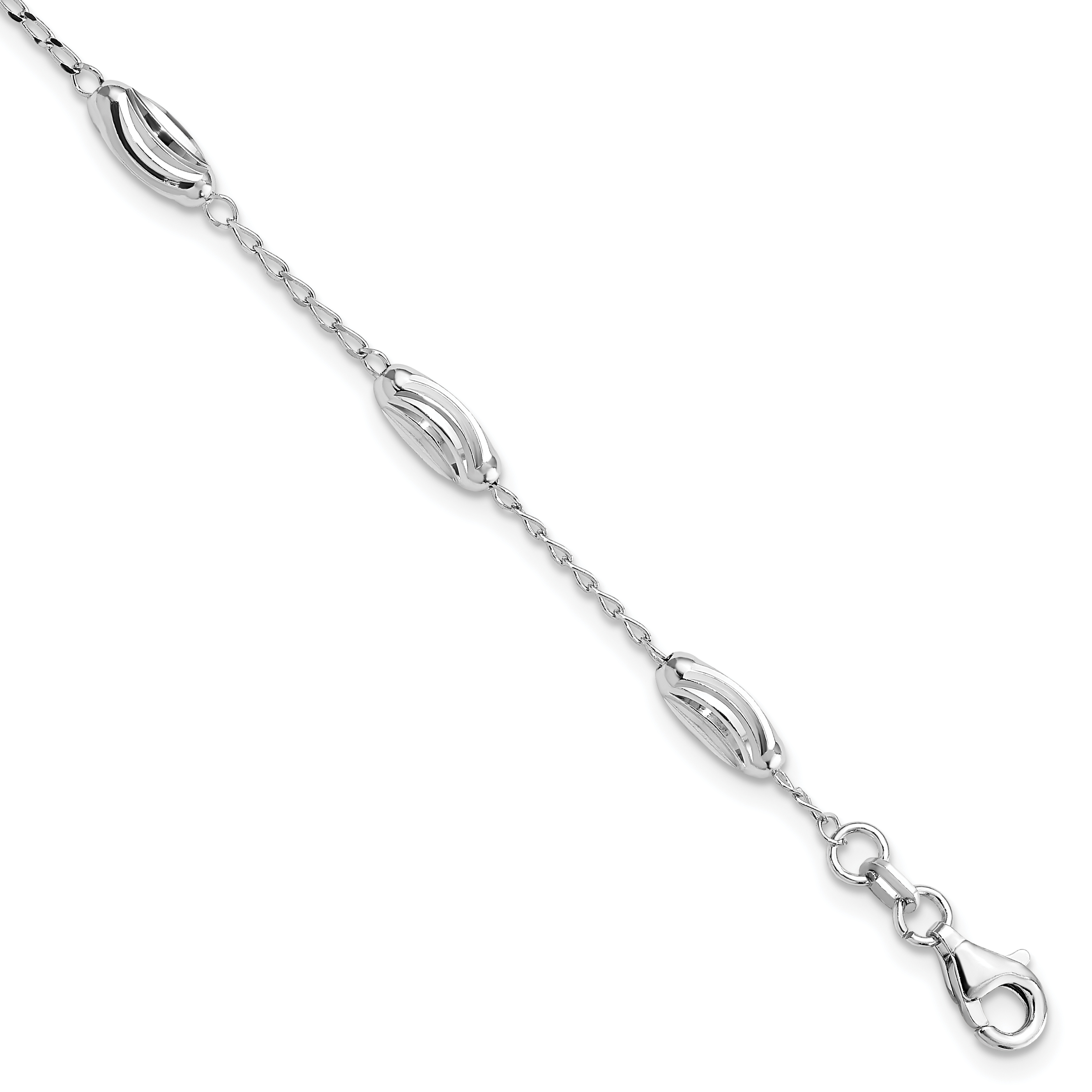 Sterling Silver Rhodium-plated Diamond-cut Oval Beads Bracelet (QG4941-7)
