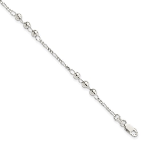 Sterling Silver Diamond-cut Beaded and Figaro Chain Bracelet, 7"