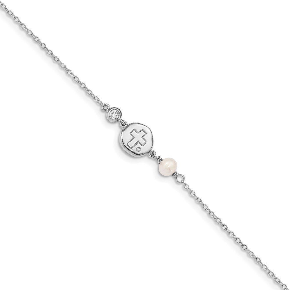 Sterling Silver RH-plated CZ/Cross/FWC Pearl w/0.5in ext Bracelet (QG4946-6.75)
