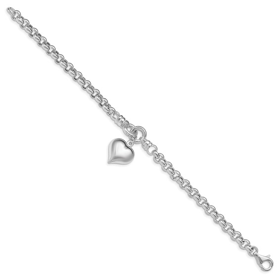 Sterling Silver Polished Rolo w/ Dangle Heart Charm Bracelet