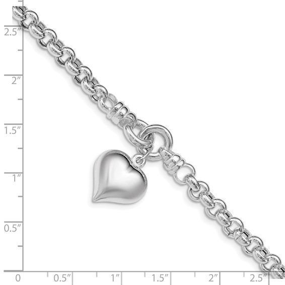 Sterling Silver Polished Rolo w/ Dangle Heart Charm Bracelet