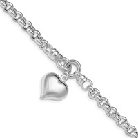 Sterling Silver Polished Puffed Heart Dangle Charm Rolo Link Bracelet - 8in view 1