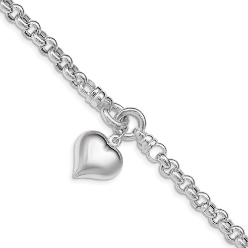Sterling Silver Polished Puffed Heart Dangle Charm Rolo Link Bracelet, 8"