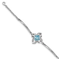 Sterling Silver Rhodium-plated Clear and Blue Crystal Flower Bracelet with 1 Inch Extension, 7" view 1