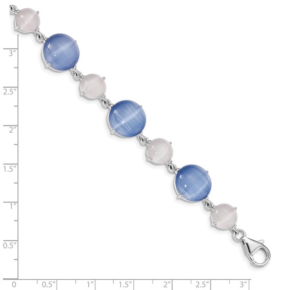 Sterling Silver RH-plated Created Blue Cats Eye w/ 1in ext Bracelet