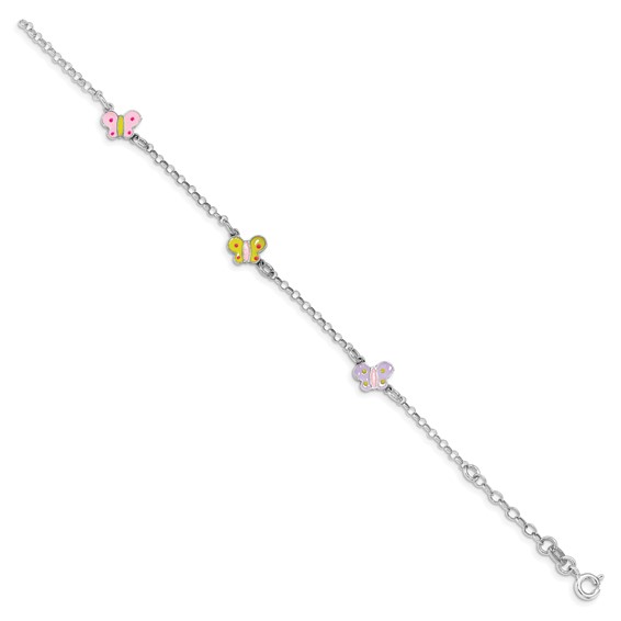 Sterling Silver Rhodium-plated Polished Multi-color Enameled Butterflies Children's Bracelet