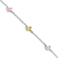 Sterling Silver Rhodium-plated Polished Multi-color Enameled Three Butterflies Bracelet with.75in Ext., 6.25" view 1