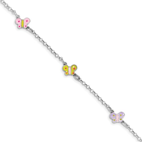 Sterling Silver Rhodium-plated Polished Multi-color Enameled Three Butterflies Bracelet with.75in Ext., 6.25"