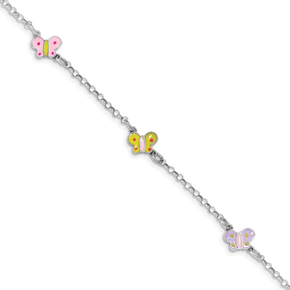 Sterling Silver Rhodium-plated Polished Multi-color Enameled Butterflies Children's Bracelet