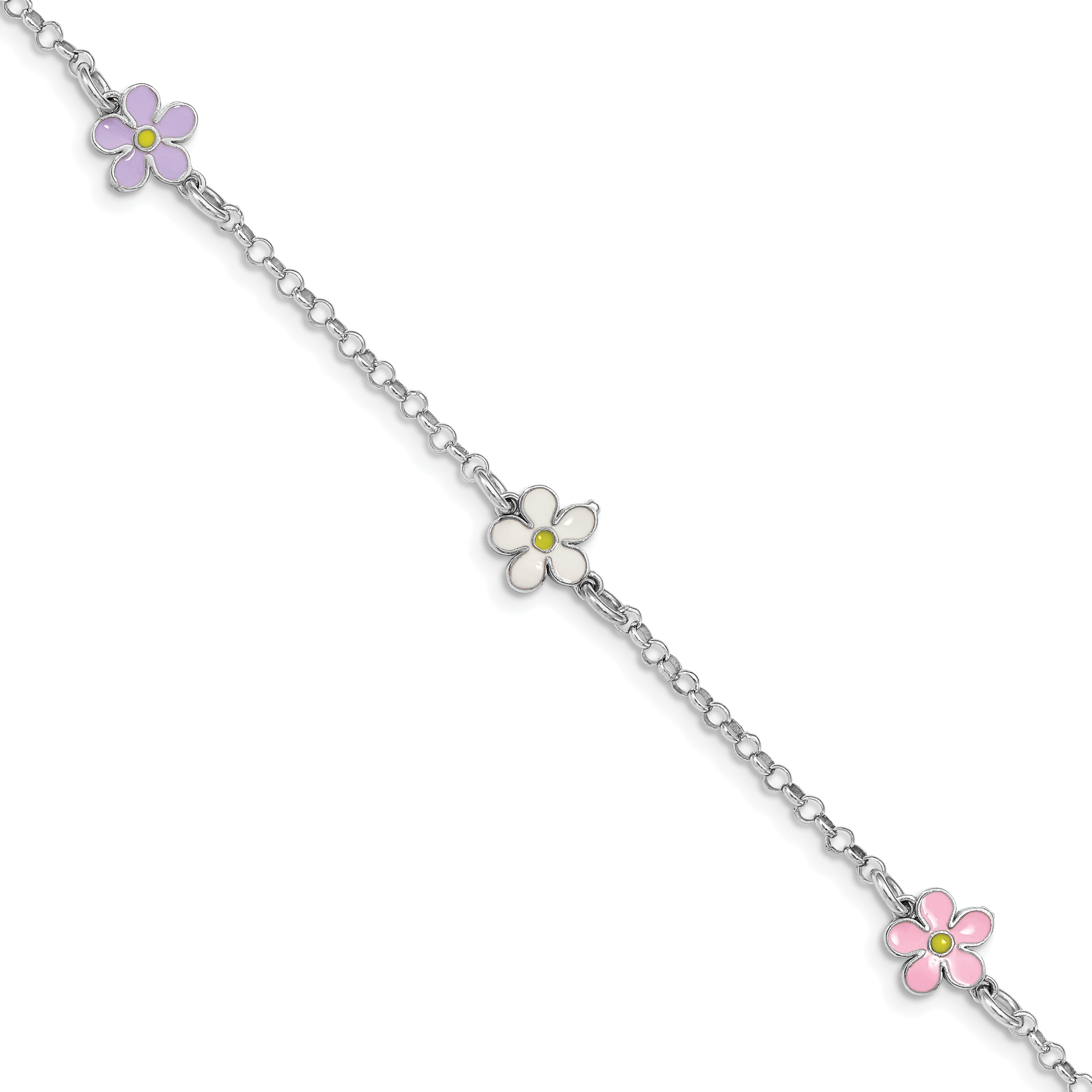 Sterling Silver RH-plated Enameled Flower w/ .75in Ext. Children's Bracelet (QG4962-6.25)