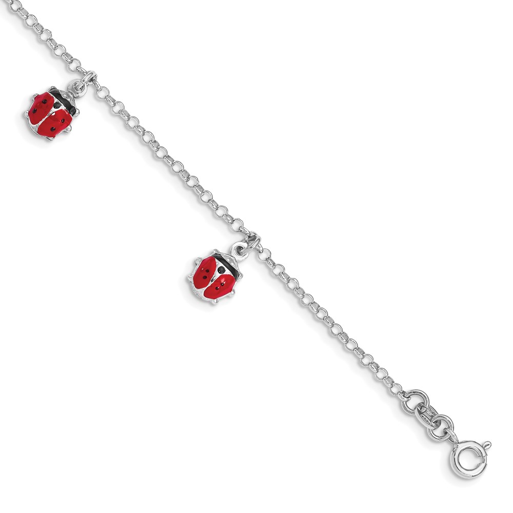 Sterling Silver Rhod-plated Enameled Ladybug 6in Plus 1 IN EXT Bracelet