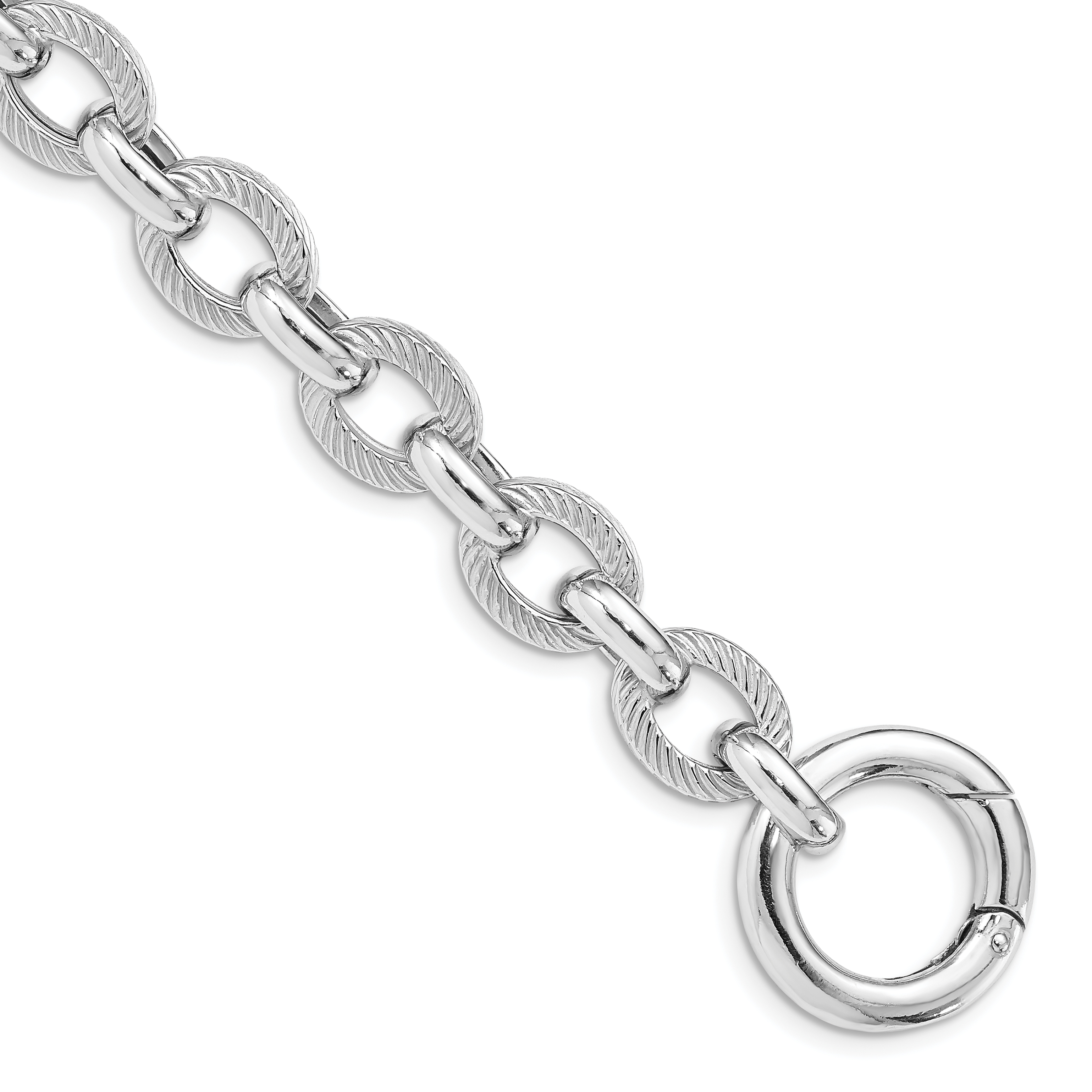 Sterling Silver Rhodium Plated Polished Textured Fancy Link Bracelet (QG5003-7.25)